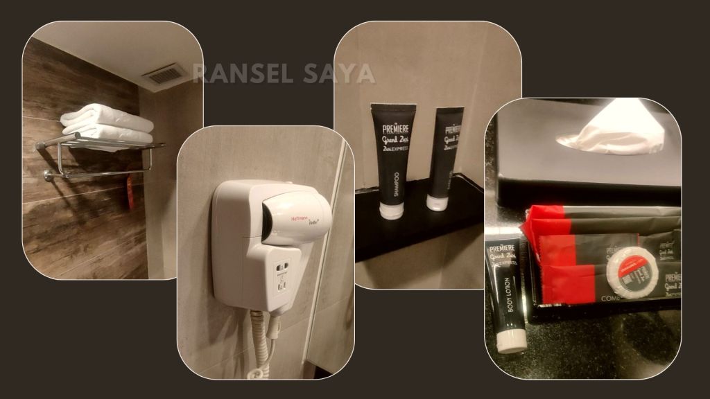 amineties Grand Zuri BSD lengkap mulai dari  gelas kumur, sikat gigi, odol, sisir, sanitary bag, sabun batang, shower cap, sabun, shampoo, body lotion, hair dryer, cermin besar dan cermin cembung.