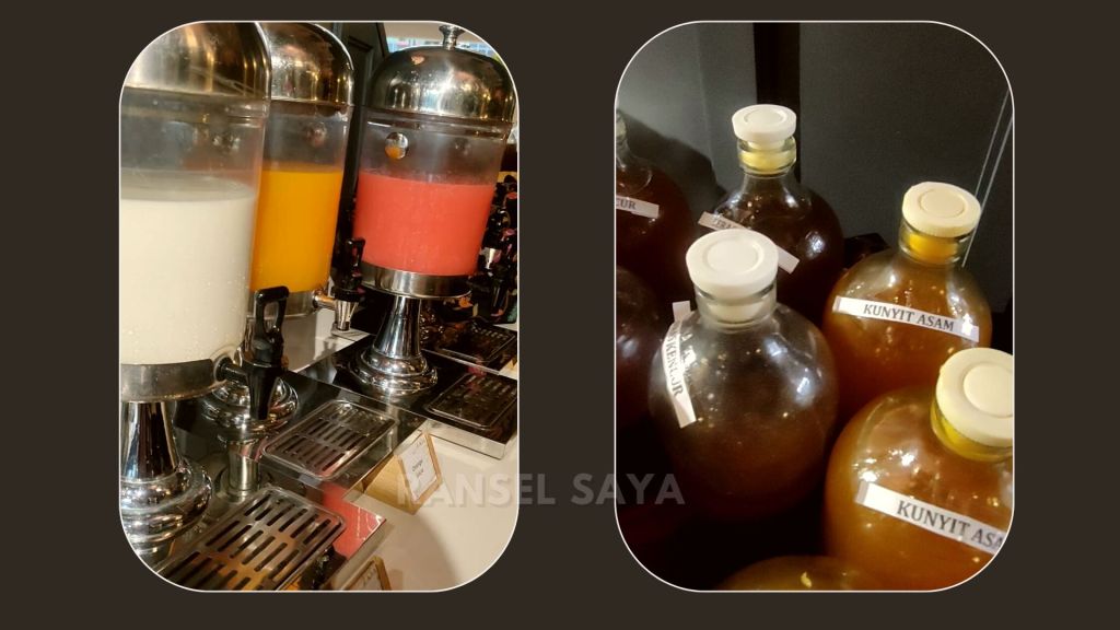 Pilihan minuman selain air mineral, kopi dan teh. Ada jus buah, infused water dan jamu di Katarasa Grand Zuri BSD
