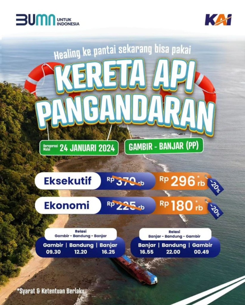 Harga tiket promo diskon KA Pangandaran relasi Gambir - Bandung - Banjar (PP)