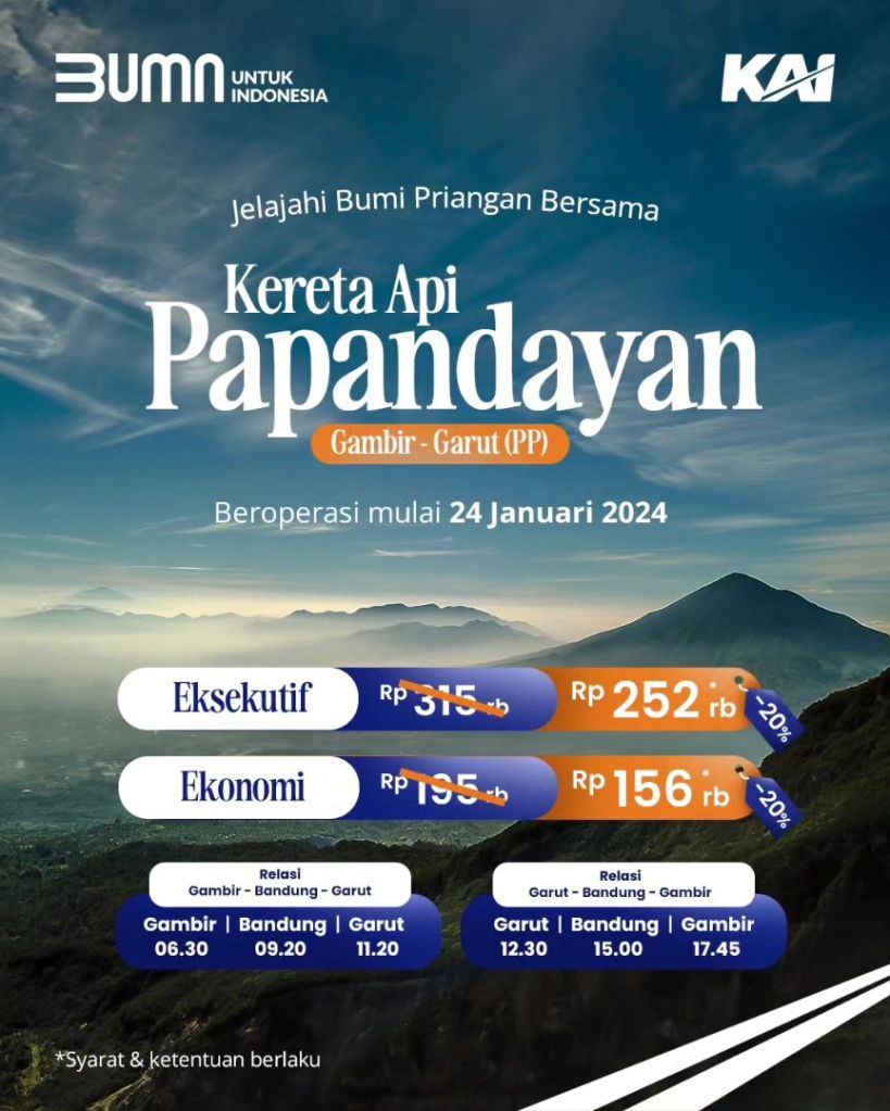 Harga tiket promo diskon KA Papandayan relasi Gambir - Garut (PP)