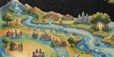 Ilustrasi sungai yang mengalir menuju muara sebagai gambaran perjalanan hidup, takdir, dan proses membaca diri dalam perspektif suluk dan tasawuf.