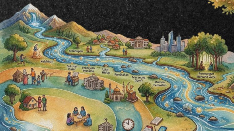 Ilustrasi sungai yang mengalir menuju muara sebagai gambaran perjalanan hidup, takdir, dan proses membaca diri dalam perspektif suluk dan tasawuf.