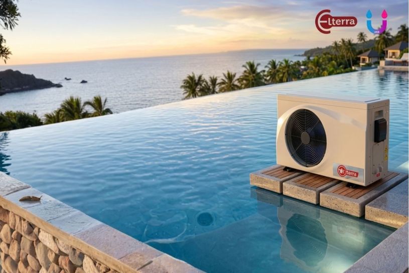 Mesin pemanas kolam renang dengan teknologi heat pump water heater Elterra membantu menjaga suhu air agar lebih nyaman digunakan.